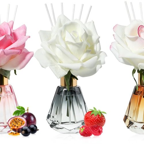 3-Bottle Reed Diffuser Set (60ml Each) — Includes Three Fragrances: "Crystal Love," "My Paris," and "Water of Freedom"; Long-Lasting Home Fragrance Oils; Comes with 18 White Fiber Reeds and Real Preserved Floral Accents; Perfect as an Air Freshener for Bedrooms and Bathrooms.