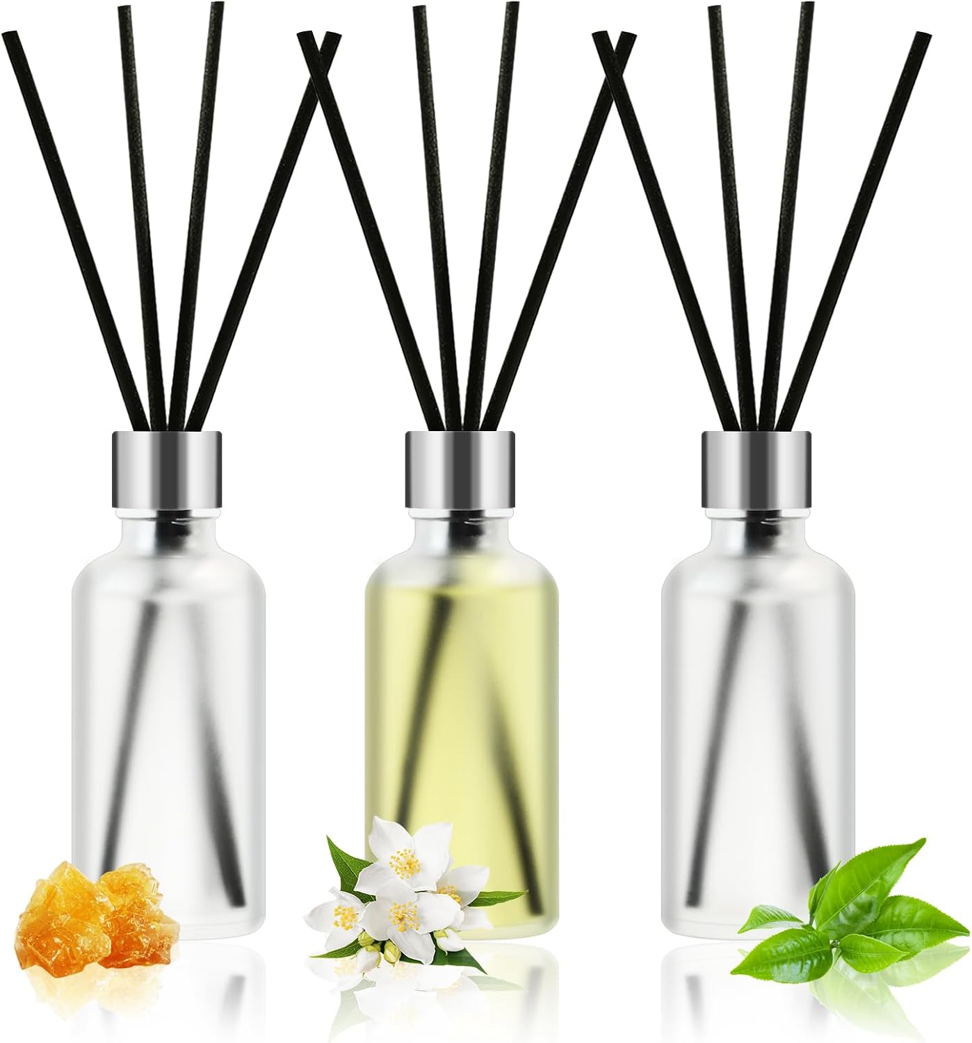 Reed Diffuser Set (3-Pack) — 50ml Essential Oil Diffusers (Includes 15 Reeds); Available in Lily & Jasmine, White Tea, and Amber Scents; A Top Choice for Home Fragrance, Suitable for Both Men and Women; Ideal for Bedrooms, Bathrooms, Offices, and Living Rooms