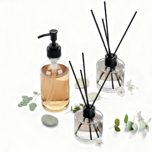 4-Piece Glass Diffuser & Lotion Bottle Set — Includes 5.1oz Diffuser Bottle and 10.1oz Hand Soap Dispenser; Comes with 20 Diffuser Reeds; Perfect for Bathroom Decor and Gifting