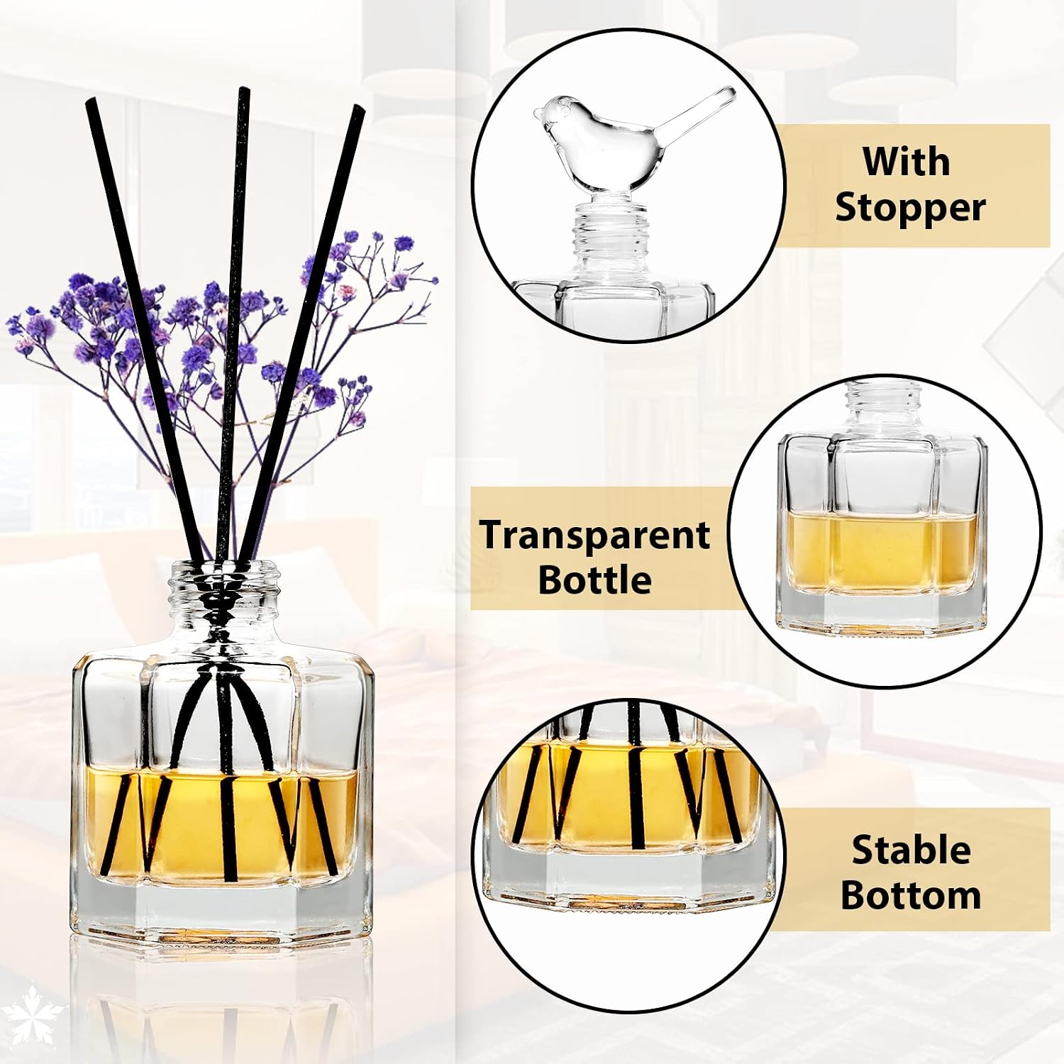 Gift Set: 5-Piece Glass Diffuser Bottle Collection – Clear, Empty Bottles that Double as Decorative Vases; Includes an Abundance of Reed Sticks; Perfect for DIY Perfumes & Aromatherapy Blends; Ideal for Home & Office Desktop Decor, Weddings, and Gifts for Women. - Image 2