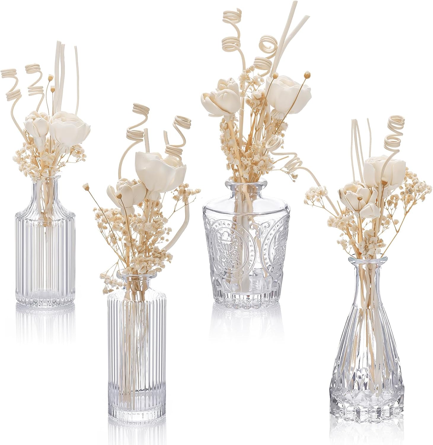4-Piece Reed Diffuser Set (4 Styles) — Includes 5.1oz Empty Bottles and 36 Reeds; Features Decorative "Baby's Breath" Accents; High-End and Stylish, Perfect for Bedroom, Bathroom, Home, and Office Decor