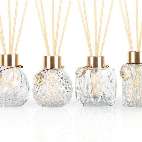 4-Piece Reed Diffuser Set (with Gold Metal Accents) — Includes 3.5–4.2oz Empty Bottles and 20 Reeds; Features a Unique Design Ideal for Home and Office Decor (Includes 4 Different Bottle Shapes)