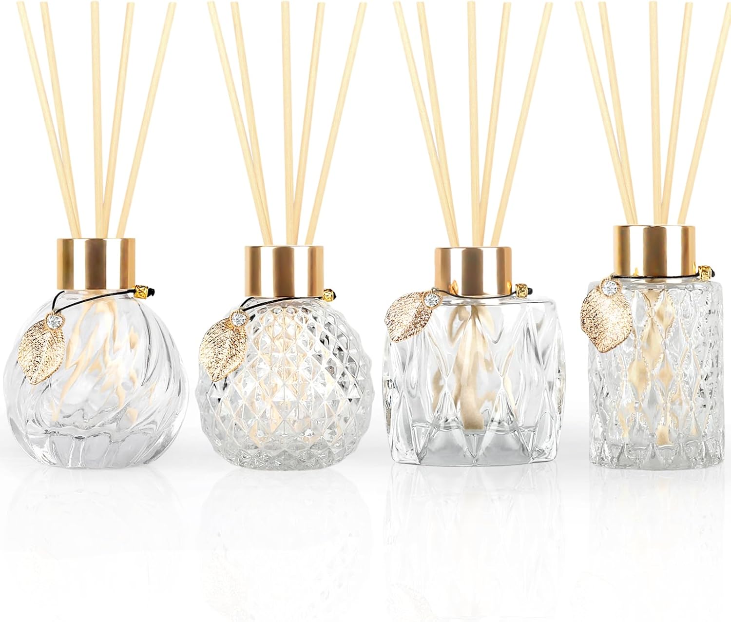 4-Piece Reed Diffuser Set (with Gold Metal Accents) — Includes 3.5–4.2oz Empty Bottles and 20 Reeds; Features a Unique Design Ideal for Home and Office Decor (Includes 4 Different Bottle Shapes)