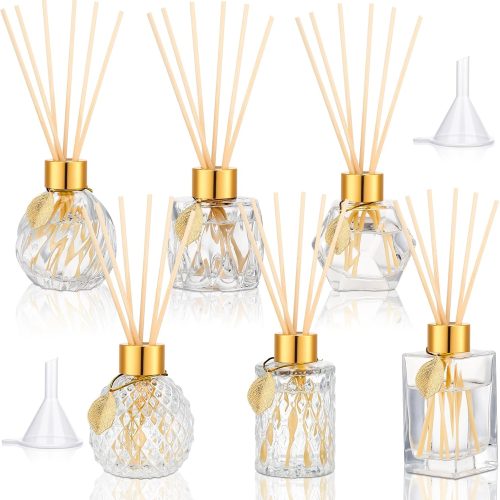 6-Piece Reed Diffuser Gift Set — Includes an Empty Glass Diffuser Bottle (3.4 oz. Prism Design), 30 Reeds, a Metal Leaf Accent, and a Filling Funnel; Ideal for DIY Essential Oil Blends; Suitable for Home and Office Decor; Available in 6 Styles.