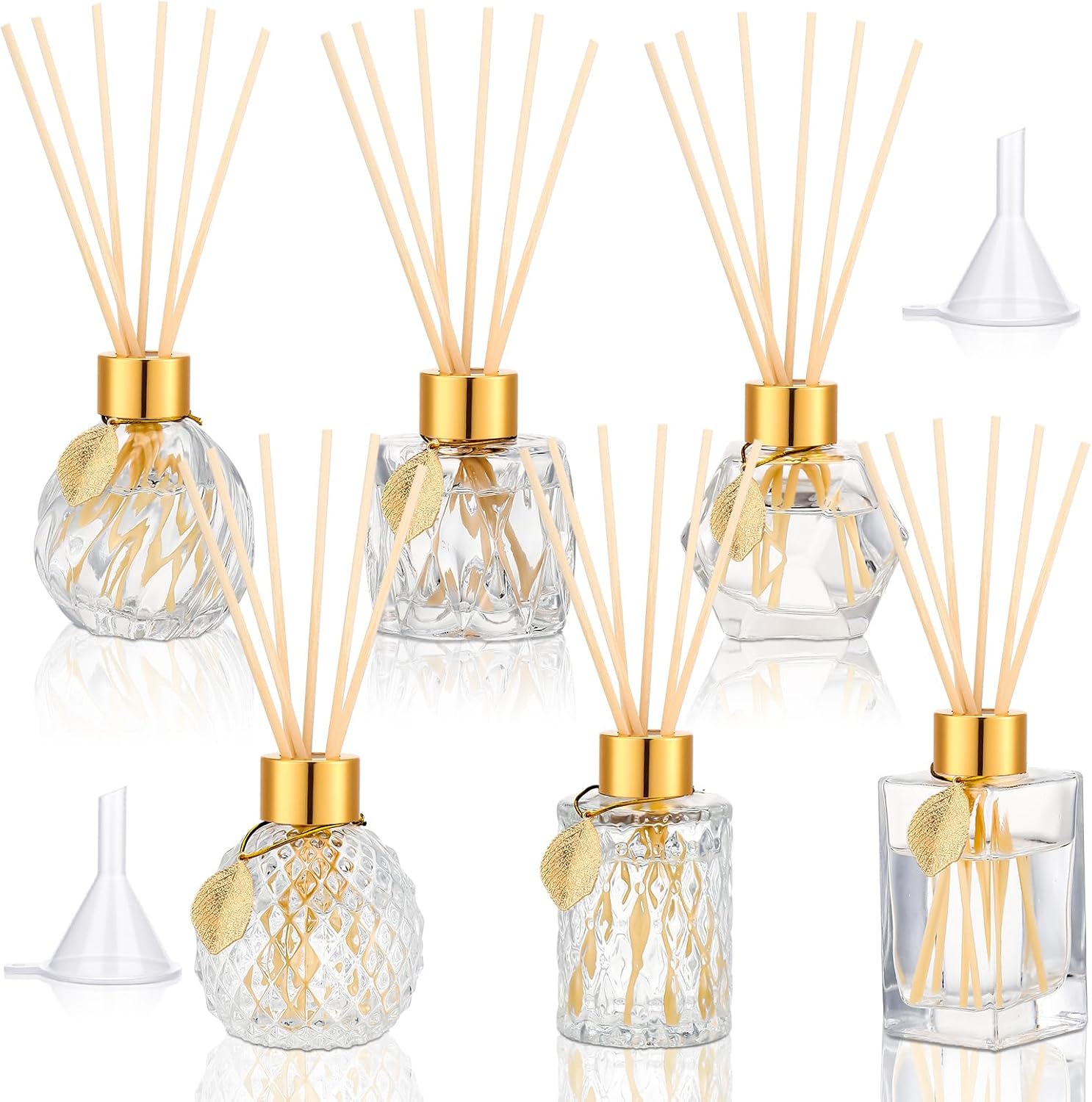 6-Piece Reed Diffuser Gift Set — Includes an Empty Glass Diffuser Bottle (3.4 oz. Prism Design), 30 Reeds, a Metal Leaf Accent, and a Filling Funnel; Ideal for DIY Essential Oil Blends; Suitable for Home and Office Decor; Available in 6 Styles.