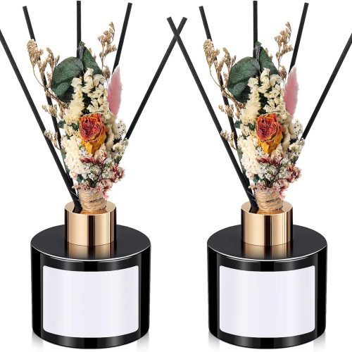 Set of 2 Reed Diffuser Kits — Featuring Floral-Shaped Diffuser Reeds; Includes Two 5 oz. Empty Glass Diffuser Bottles (for Refills); Ideal for Home & Bathroom Fragrance and Gifting; Essential Oils Not Included (Black Edition).