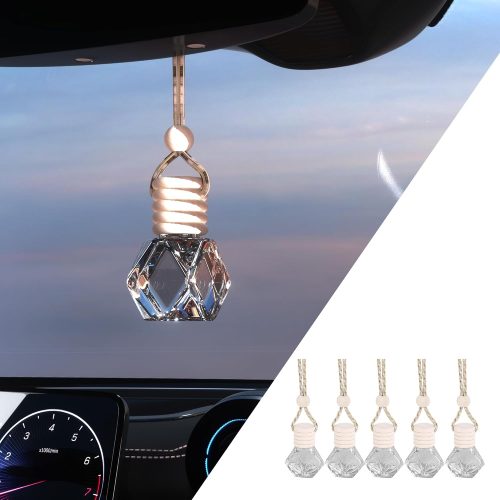 5PCS Hanging Car Air Freshener, Auto Interior Decoration 8 ml Oil Diffuser Perfume Aromatherapy Pendant Empty Glass Bottle, Fragrance Ornament with Vent Clip Wooden Cap and Rope (5, Rhombic)