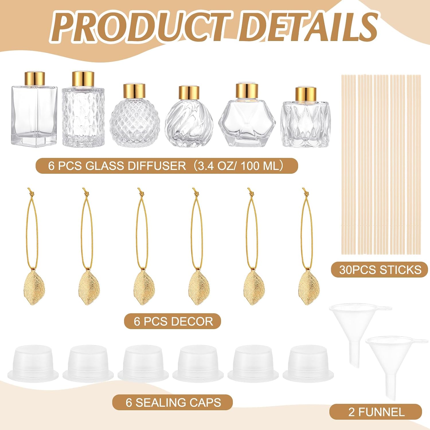 6-Piece Reed Diffuser Gift Set — Includes an Empty Glass Diffuser Bottle (3.4 oz. Prism Design), 30 Reeds, a Metal Leaf Accent, and a Filling Funnel; Ideal for DIY Essential Oil Blends; Suitable for Home and Office Decor; Available in 6 Styles. - Image 2