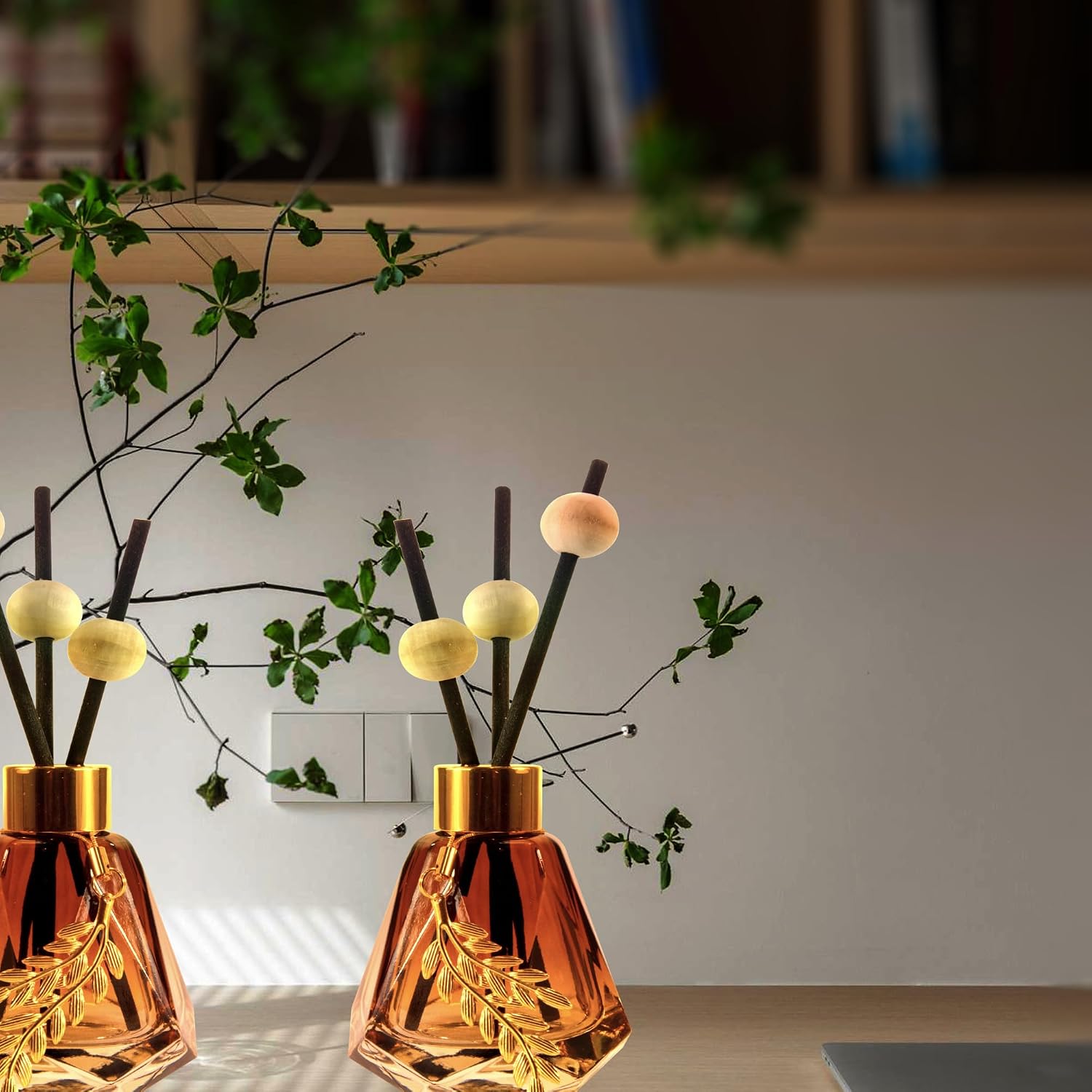 Set of 4 Empty Glass Diffuser Bottles – Refillable Diffuser Kit featuring a Diamond-Cut Design; Includes 20 Reed Sticks, 12 Wooden Beads, and 4 Metal Leaf Ornaments; 60ml Capacity, Gradient Brown Finish. - Image 2