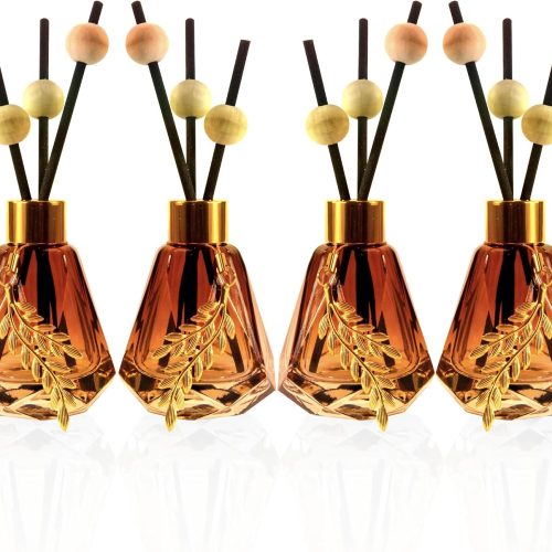 Set of 4 Empty Glass Diffuser Bottles – Refillable Diffuser Kit featuring a Diamond-Cut Design; Includes 20 Reed Sticks, 12 Wooden Beads, and 4 Metal Leaf Ornaments; 60ml Capacity, Gradient Brown Finish.