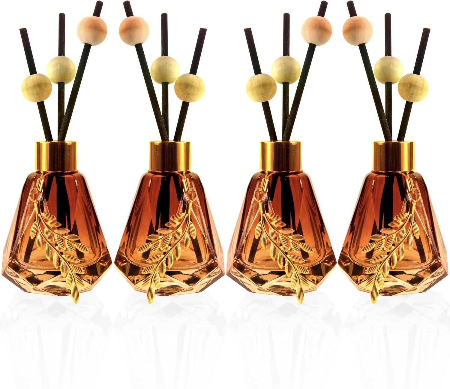 Set of 4 Empty Glass Diffuser Bottles – Refillable Diffuser Kit featuring a Diamond-Cut Design; Includes 20 Reed Sticks, 12 Wooden Beads, and 4 Metal Leaf Ornaments; 60ml Capacity, Gradient Brown Finish.