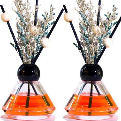 Set of 2 Empty Glass Diffuser Bottles – Refillable Decorative Bottle Kit featuring a Vintage Diamond-Cut Style; Includes 20 Reed Sticks, 10 Wooden Beads, and Dried Flower Ornaments; 100ml Capacity (2-Bottle Pack).