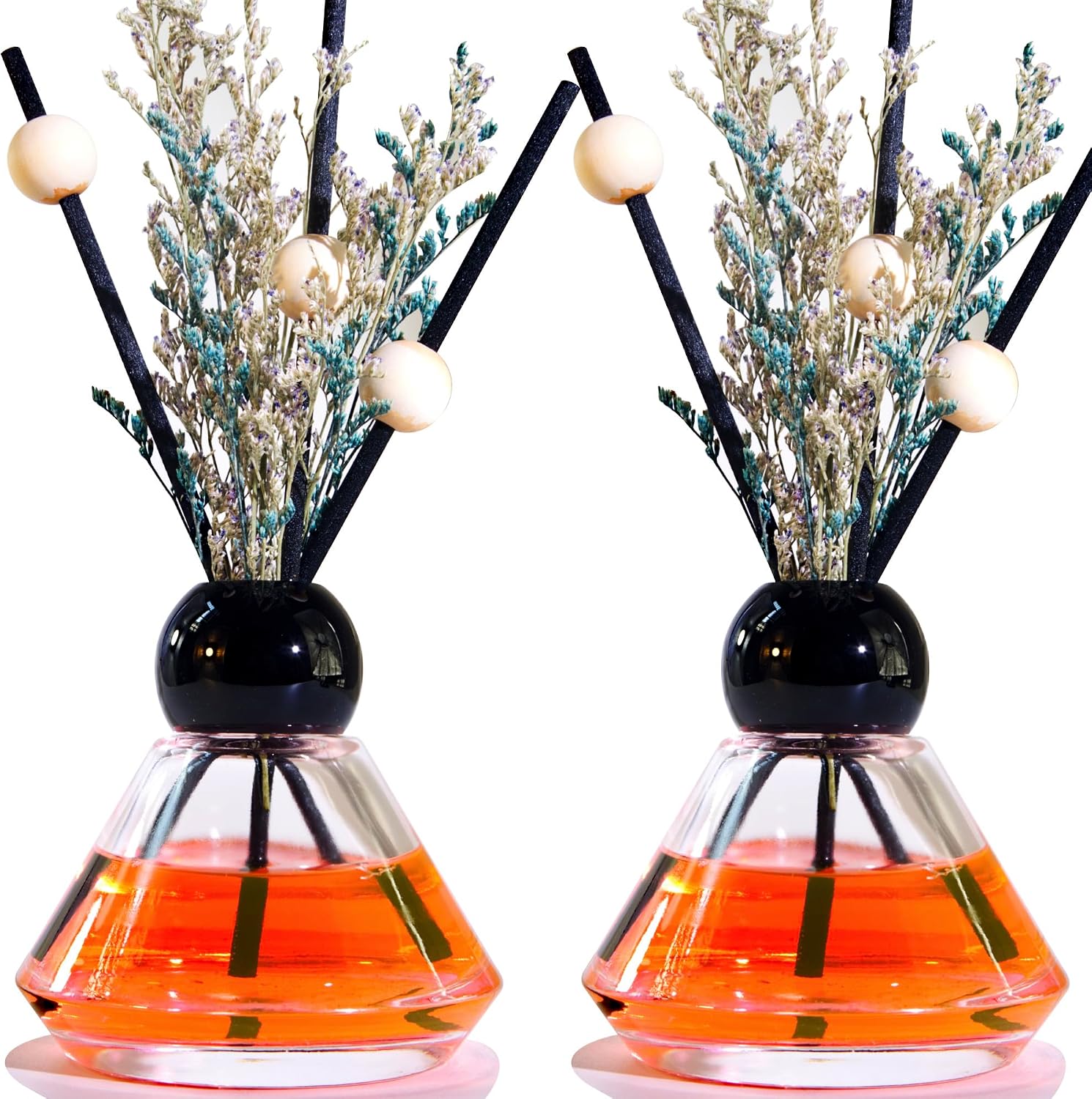 Set of 2 Empty Glass Diffuser Bottles – Refillable Decorative Bottle Kit featuring a Vintage Diamond-Cut Style; Includes 20 Reed Sticks, 10 Wooden Beads, and Dried Flower Ornaments; 100ml Capacity (2-Bottle Pack).