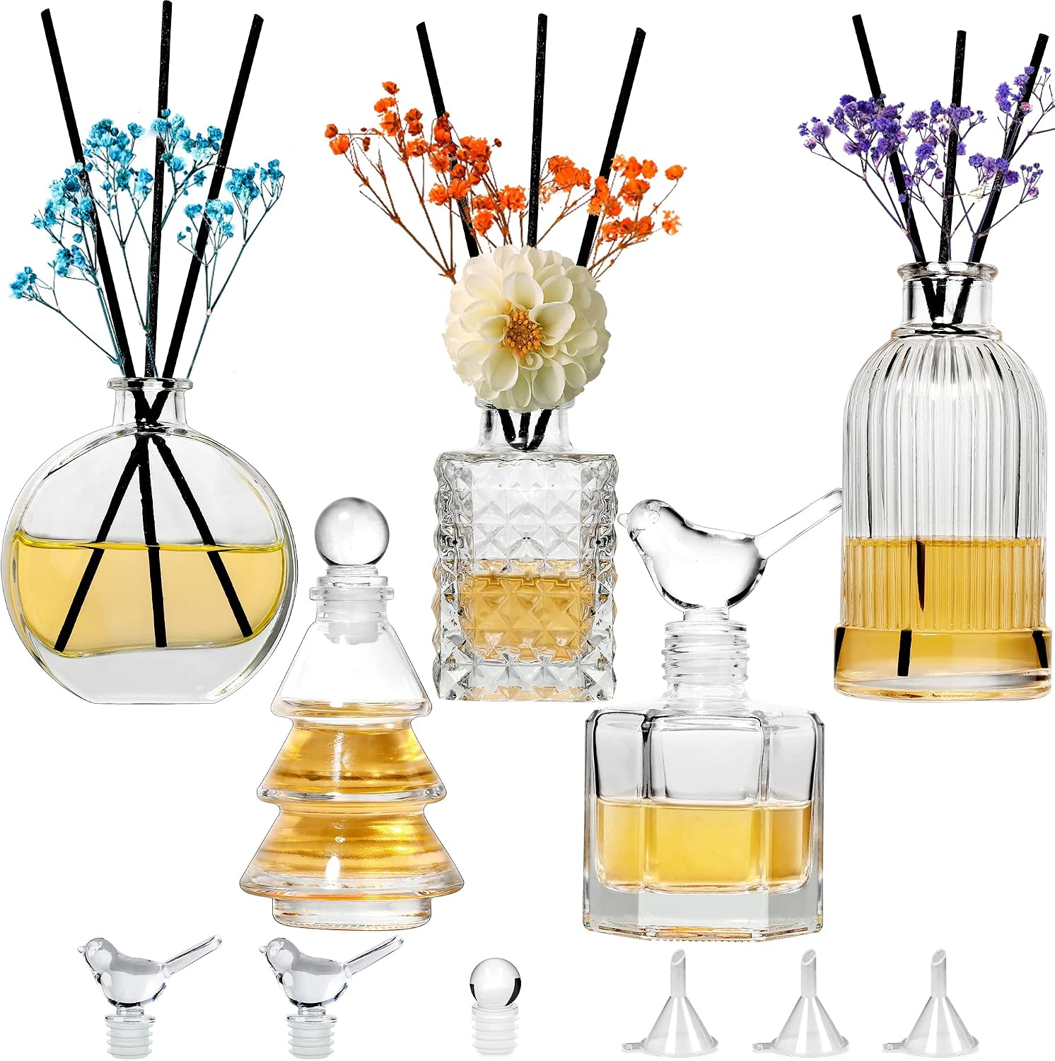 Gift Set: 5-Piece Glass Diffuser Bottle Collection – Clear, Empty Bottles that Double as Decorative Vases; Includes an Abundance of Reed Sticks; Perfect for DIY Perfumes & Aromatherapy Blends; Ideal for Home & Office Desktop Decor, Weddings, and Gifts for Women.