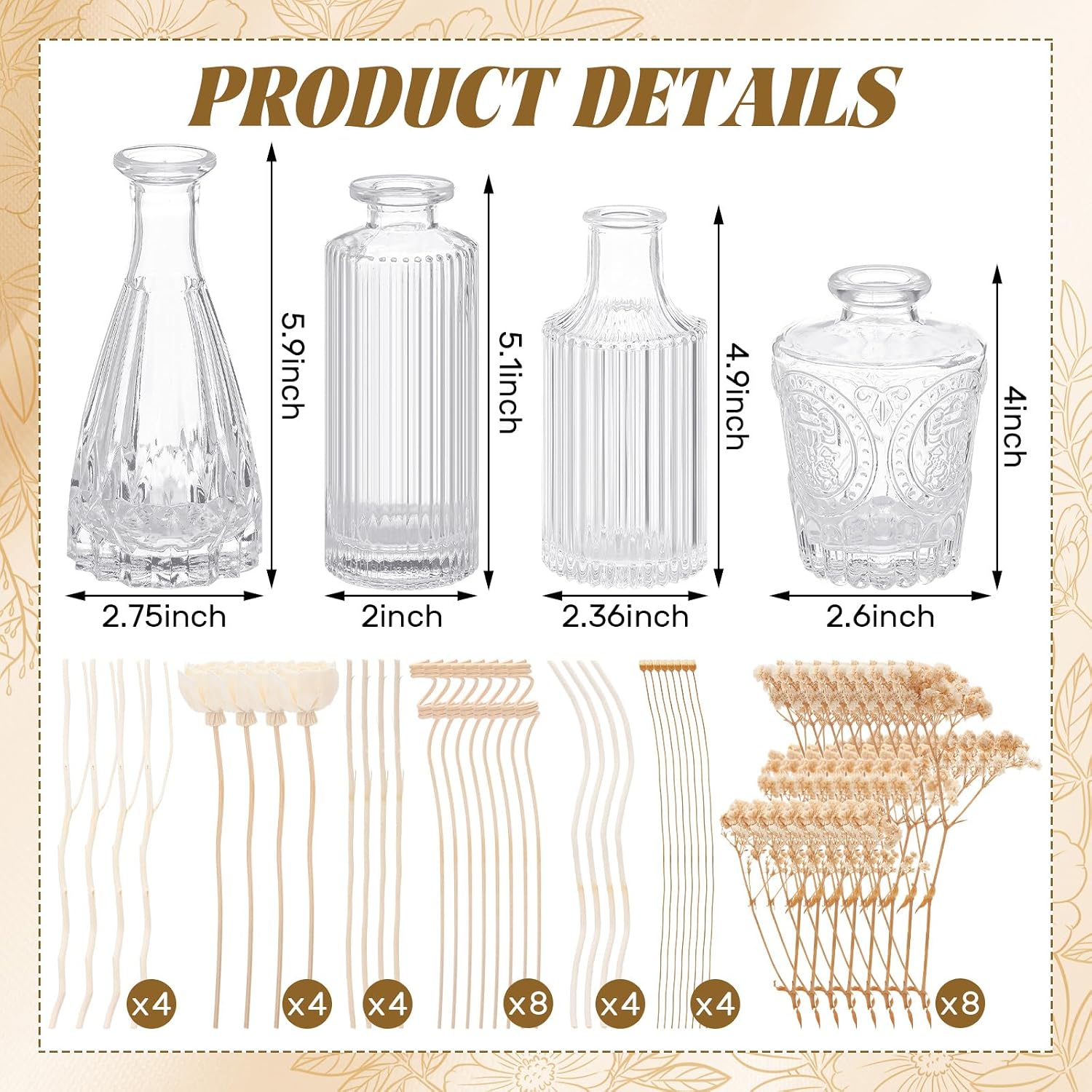 4-Piece Reed Diffuser Set (4 Styles) — Includes 5.1oz Empty Bottles and 36 Reeds; Features Decorative "Baby's Breath" Accents; High-End and Stylish, Perfect for Bedroom, Bathroom, Home, and Office Decor - Image 2