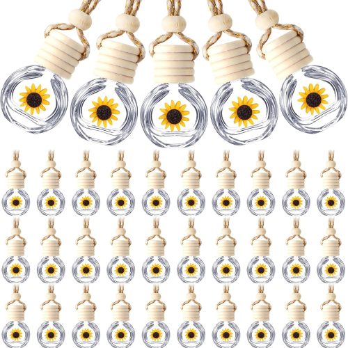50 Pcs Hanging Car Air Freshener Car Diffuser Bottles Empty Glass Perfume Bottle Freshener Diffuser Bottle Pendant for Essential Oil Fragrance Aromatherapy Bottle Ornament(Clear,Sunflower)