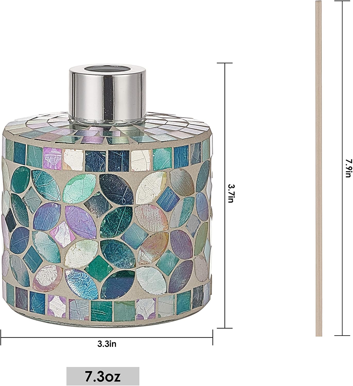 7.3oz Decorative Vertical Mosaic Glass Diffuser Set (2-Pack) — Features Silver Caps and 16 Natural Reeds; An Ideal Choice for Home Aromatherapy, Bathroom Decor, and Space Accents (Blue) - Image 2