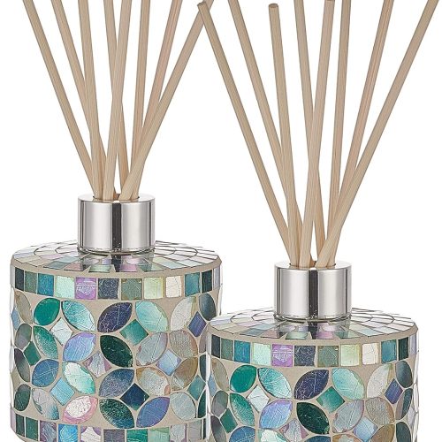 7.3oz Decorative Vertical Mosaic Glass Diffuser Set (2-Pack) — Features Silver Caps and 16 Natural Reeds; An Ideal Choice for Home Aromatherapy, Bathroom Decor, and Space Accents (Blue)