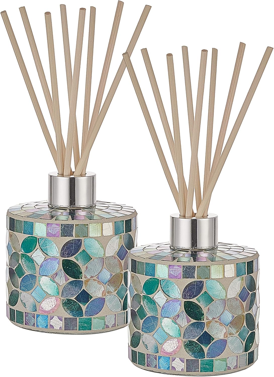 7.3oz Decorative Vertical Mosaic Glass Diffuser Set (2-Pack) — Features Silver Caps and 16 Natural Reeds; An Ideal Choice for Home Aromatherapy, Bathroom Decor, and Space Accents (Blue)